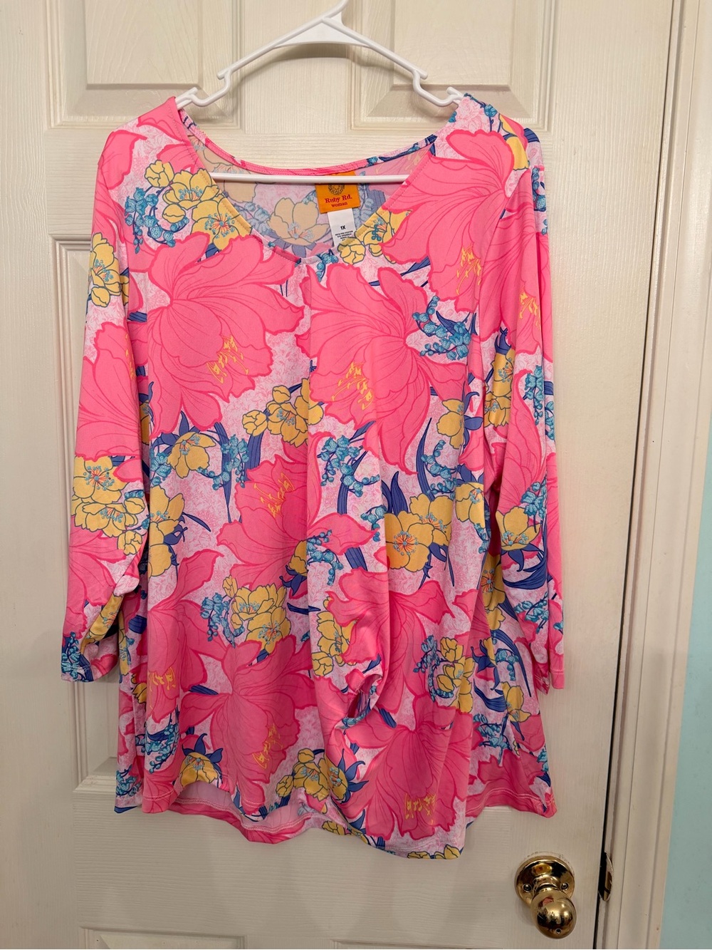 Ruby Rd. Pink Floral 3/4 Sleeve Blouse with Yellow & Blue Accents